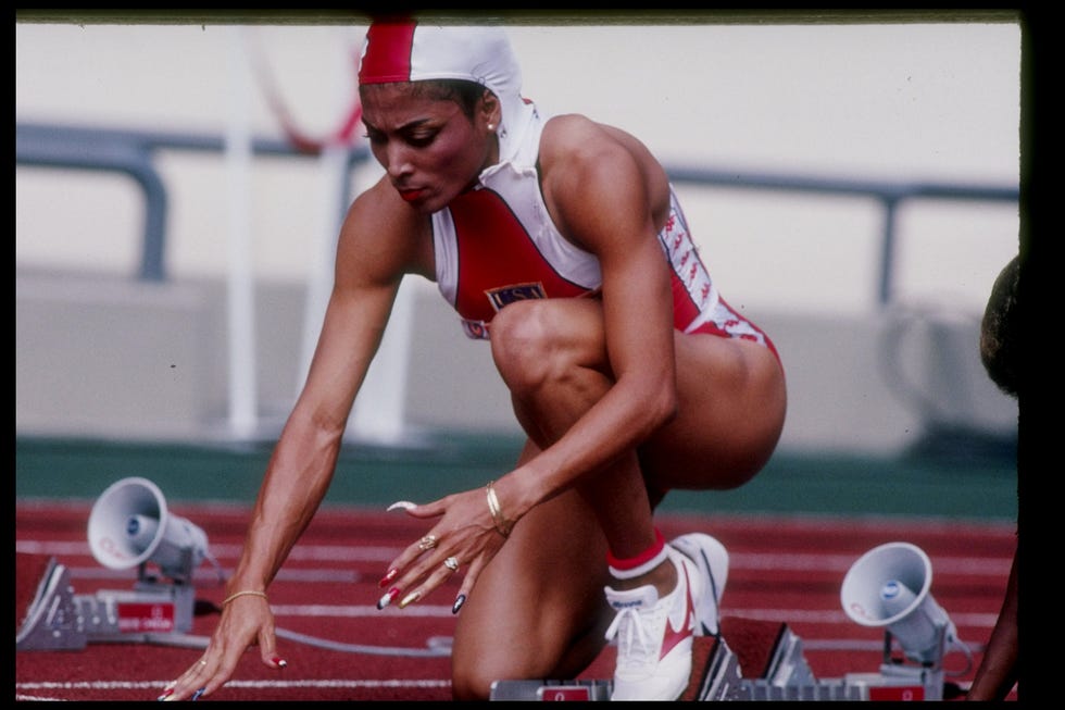 florence griffith joyner prepares for a race during the 1988 summer olympics in seoul, south korea
