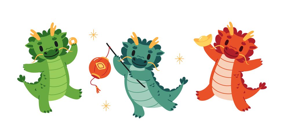 set of cute cartoon dragons vector flat illustration for chinese new year 2024