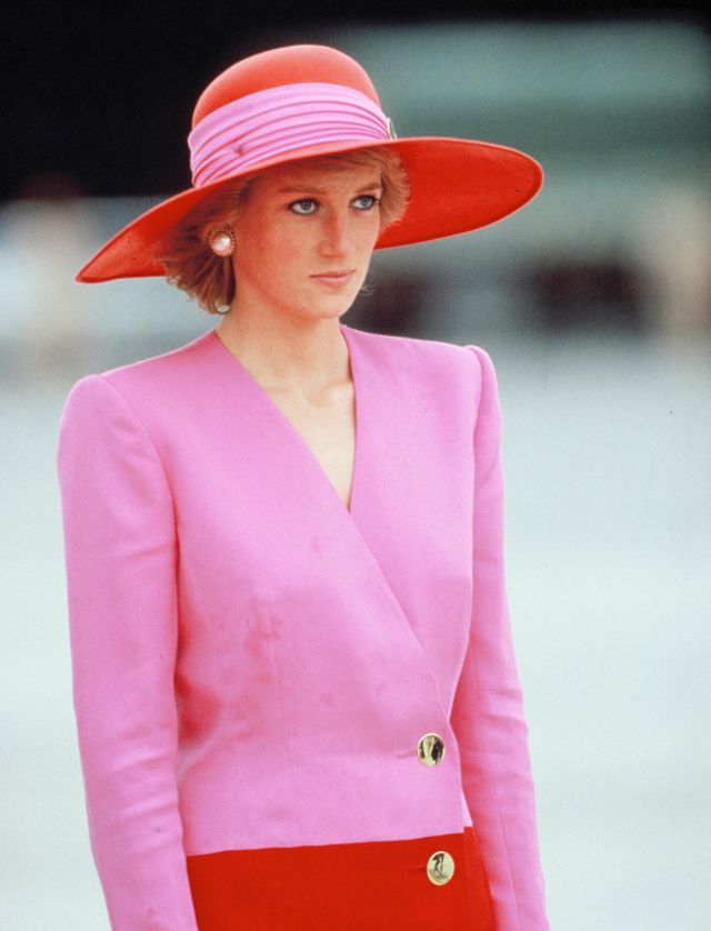 Princess Diana pink red hat suit