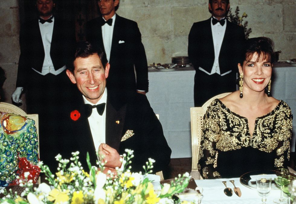 chambord, france   november 09  charles, prince of wales, and princess caroline of monaco attend a dinner at the chateau de chambord during his official visit to france on november 9, 1988 in chambord, france  photo by georges de keerlegetty images