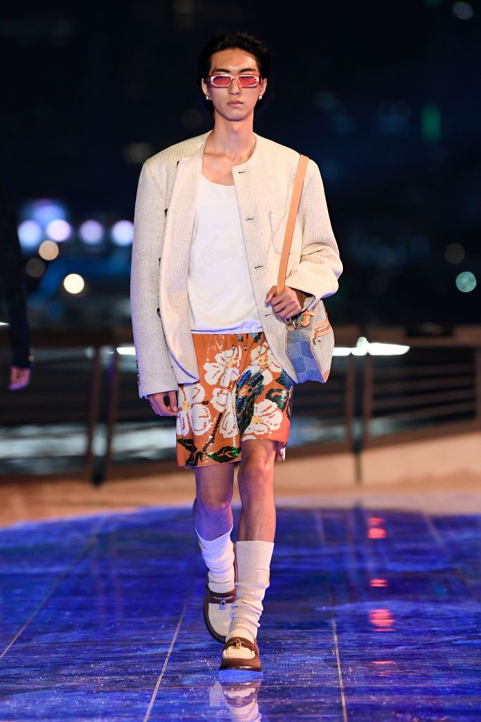 model on the runway at louis vuitton mens pre fall 2024 held on november 30, 2023 in hong kong, china photo by giovanni giannoniwwd via getty images