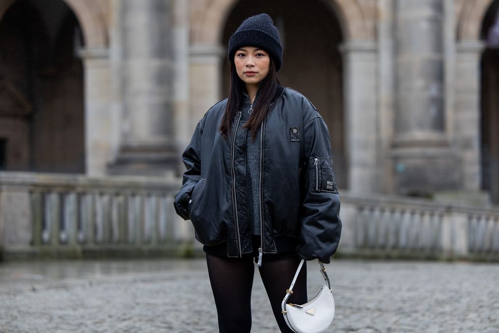 berlin, germany november 27 tingting lai wears wrst bhvr bomber jacket, tights, white prada bag, black beanie, laced boots on november 27, 2023 in berlin, germany photo by christian vieriggetty images