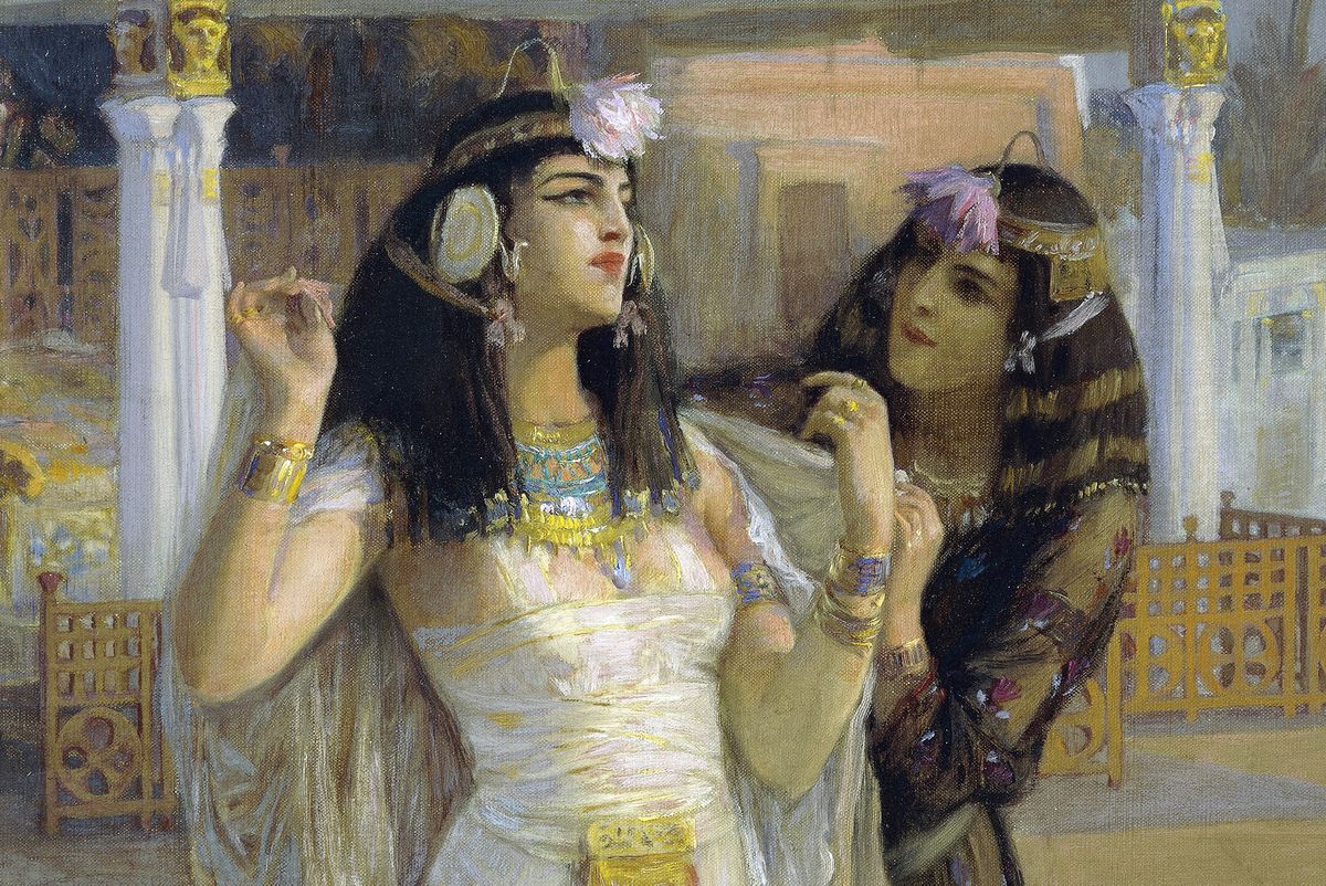 an oil painting of cleopatra, wearing a white dress and head jewelry, being tended to by a woman who puts a white veil around her