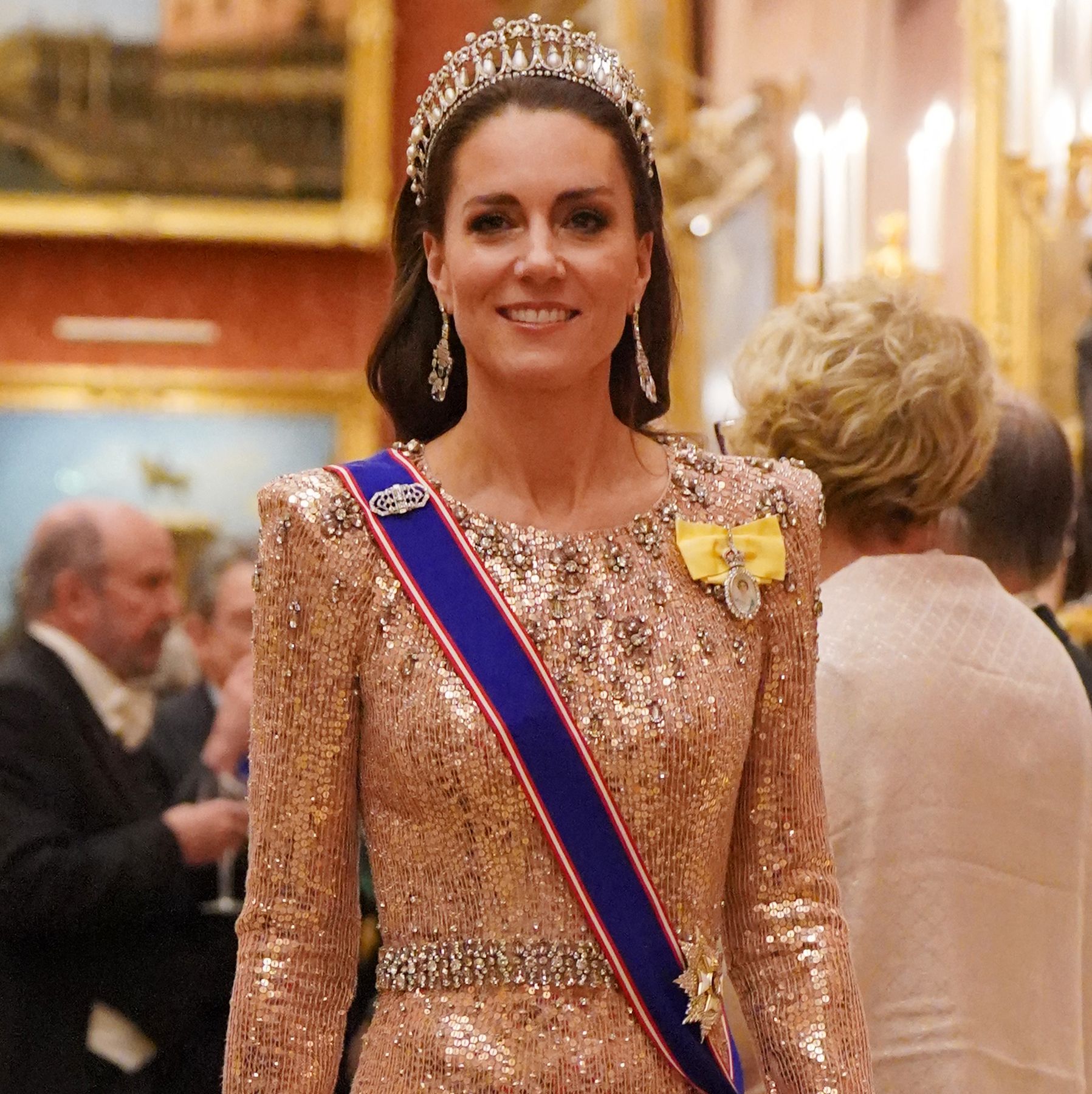 Princess Kate Is Pretty in Pink While Re-wearing Her Go-To Tiara and a Sequined Gown