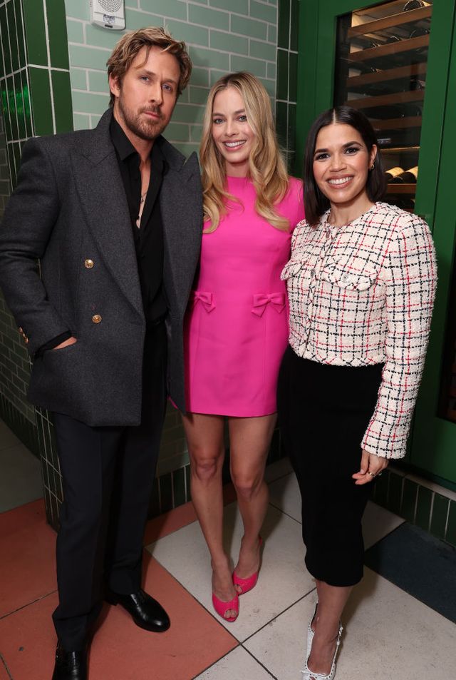 west hollywood, california december 02 exclusive coverage l r ryan gosling, margot robbie and america ferrera at the barbie faber faber screenplay book party at pendry west hollywood on december 02, 2023 in west hollywood, california photo by eric charbonneaugetty images for warner bros