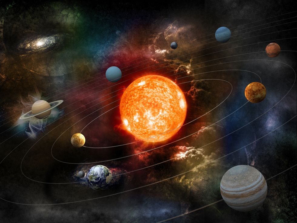 the sun and nine planets of our system orbiting clipping path included for the foreground objectsopacity and bump textures for the earth and other planets map prepared via tracing images from wwwnasagovearth texturehttpveimagesgsfcnasagov2431landoceanicecloud2048jpgsimilar images