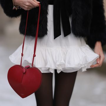 berlin, germany december 04 celine bethmann seen wearing mango white ruffled short dress, pepe jeans black fake fur jacket with ribbon details, calzedonia black tights, alaia red leather hearth shaped bag, on december 04, 2023 in berlin, germany photo by jeremy moellergetty images