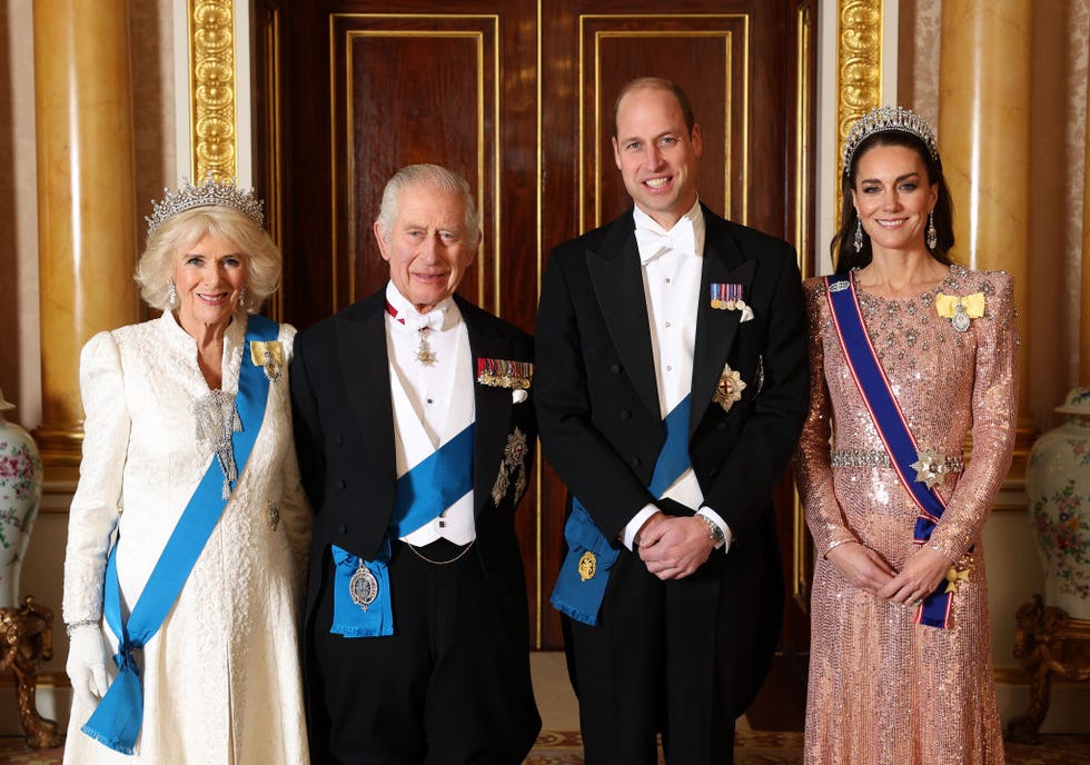 london, england december 05: (editorial use only) (l r) queen camilla, king charles iii, prince william, prince of wales and catherine, princess of wales pose for a photograph ahead of the diplomatic reception in the 1844 room at buckingham palace on december 05, 2023 in london, england. (photo by chris jackson/getty images for buckingham palace)