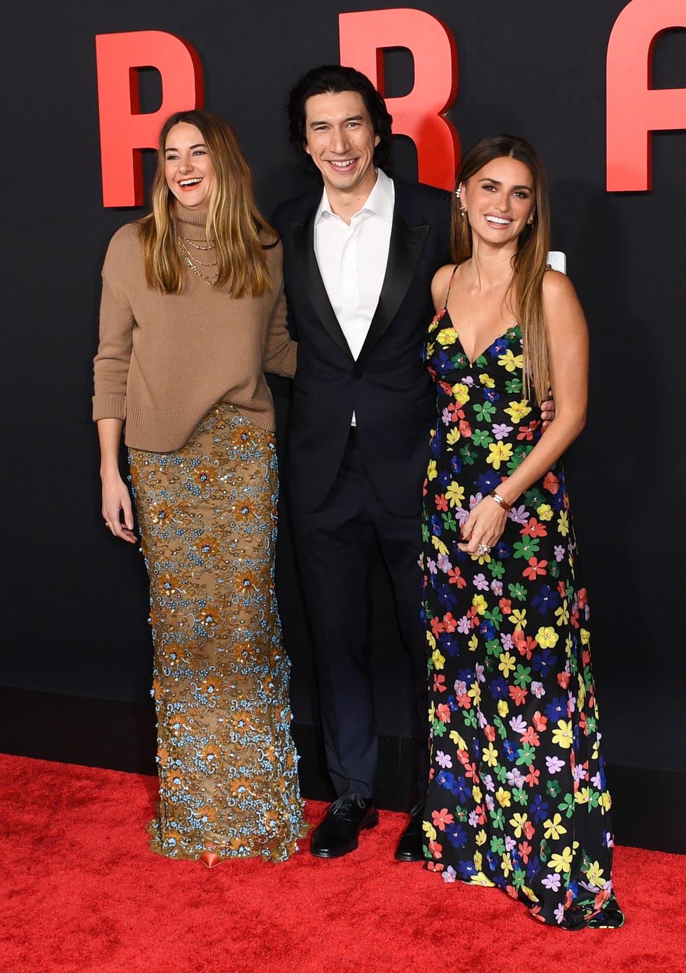 l r actors shailene woodley, adam driver and penelope cruz and gabriel leone arrive for the ferrari premiere at the directors guild of america in los angeles, december 12, 2023 photo by valerie macon afp photo by valerie maconafp via getty images