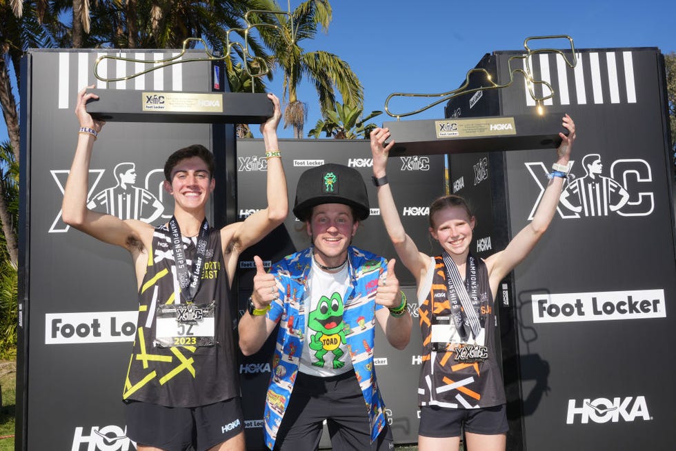 san diego, california billy cvecko aka toad (center) poses with boys winner drew griffith (left) and girls winner elizabeth leachman during the foot locker cross country championships at morley fieldon december 9, 2023 in san diego, california. (photo by kirby lee/getty images)