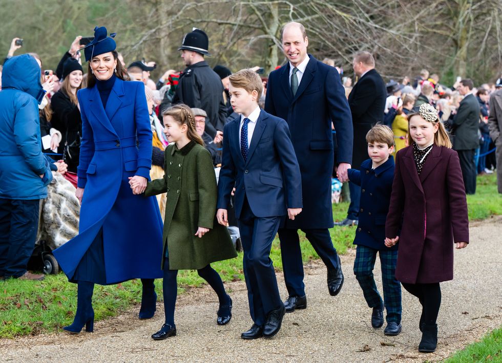 sandringham, norfolk december 25 catherine, princess of wales, princess charlotte of wales, prince george of wales, prince william, prince of wales, prince louis of wales and mia tindall attend christmas morning service at sandringham church on december 25, 2023 in sandringham, norfolk photo by samir husseinwireimage