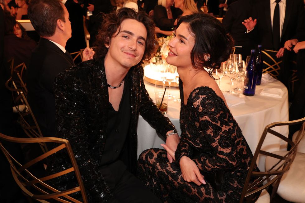 timothée chalamet and kylie jenner at the 81st golden globe awards held at the beverly hilton hotel on january 7, 2024 in beverly hills, california photo by christopher polkgolden globes 2024golden globes 2024 via getty images