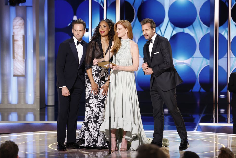 los angeles january 7 gina torres, sarah rafferty, patrick adams and gabriel macht at the 81st golden globe awards held at the beverly hilton in beverly hills, california on sunday, january 7, 2024 sonja flemmingcbs via getty images gina torres, sarah rafferty, patrick adams and gabriel macht