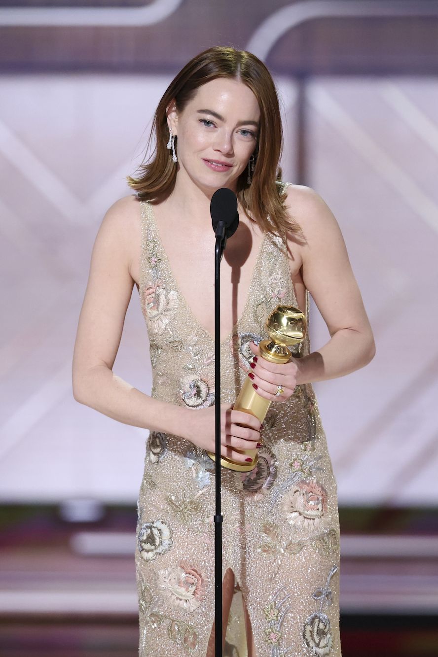 emma stone accepts the award for best performance by a female actor in a motion picture musical or comedy for "poor things" at the 81st golden globe awards held at the beverly hilton hotel on january 7, 2024 in beverly hills, california photo by rich polkgolden globes 2024golden globes 2024 via getty images