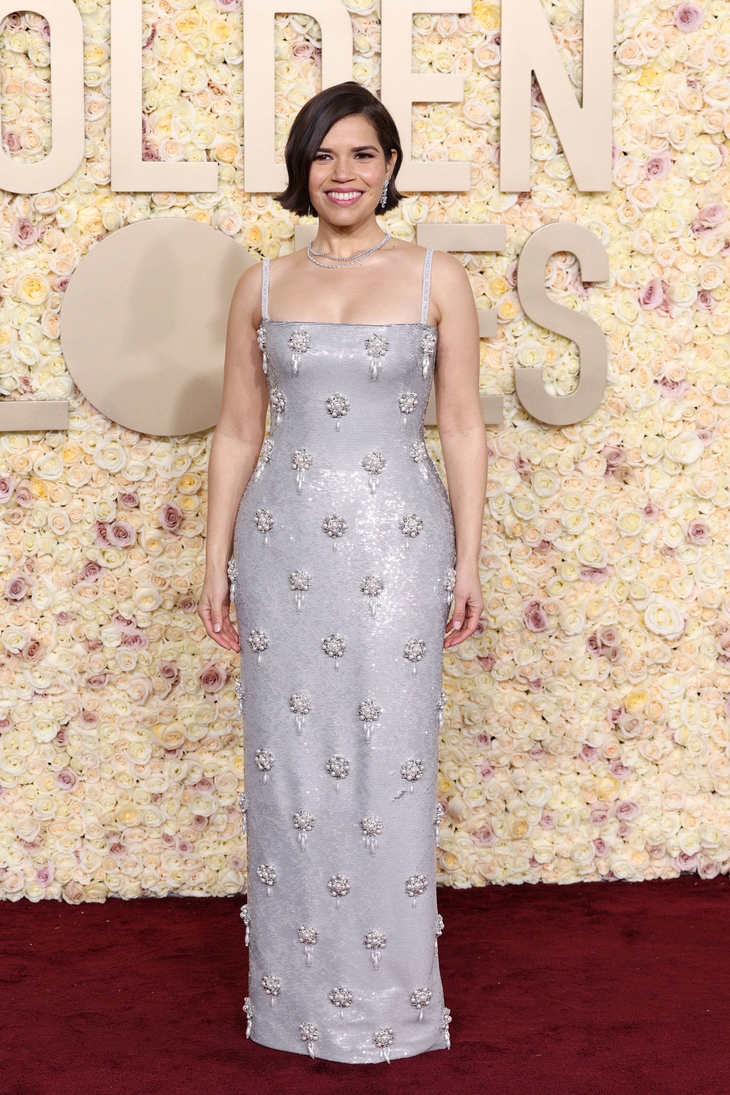 America Ferrera Makes An Entrance In A Silver Sequin Gown Covered In Pearls   Gettyimages 1915874390 659b47a2e1686 