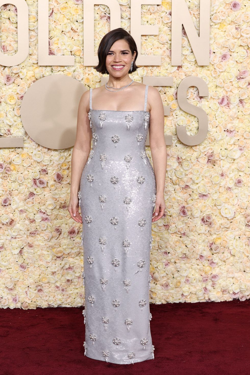 America Ferrera Makes An Entrance In A Silver Sequin Gown Covered In Pearls