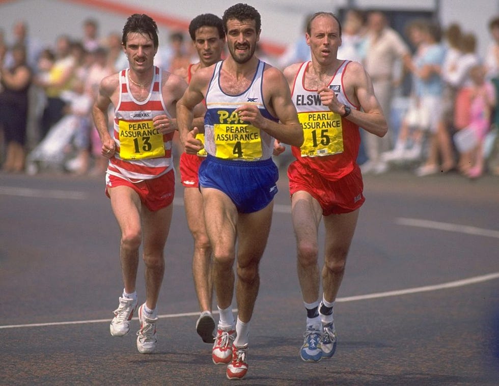 1989: gelindo bordin (centre) of italy leads the field flanked by martin mcloughlin (left) and mike mcleod (right) of great britain during the great north run in newcastle, england. bordin finished third in this event. \ mandatory credit: gray mortimore/allsport