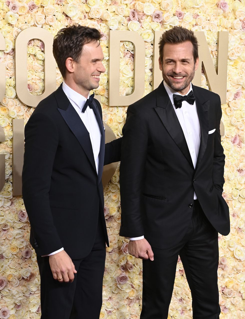 beverly hills, california january 07 l r patrick j adams and gabriel macht attend the 81st annual golden globe awards at the beverly hilton on january 07, 2024 in beverly hills, california photo by jon kopaloffwireimage,