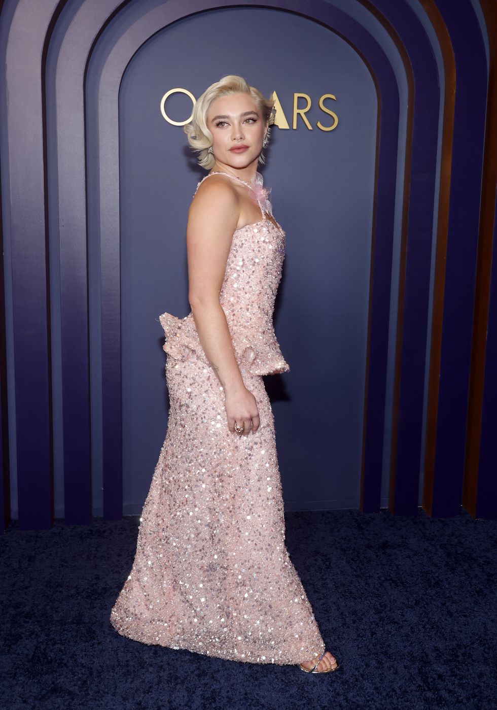Florence Pugh Wears Glittery Pale Pink Gown to Governors Awards