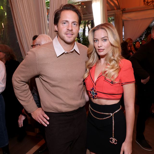los angeles, california january 12 l r tom ackerley and margot robbie attend the afi awards luncheon at four seasons hotel los angeles at beverly hills on january 12, 2024 in los angeles, california photo by matt winkelmeyergetty images
