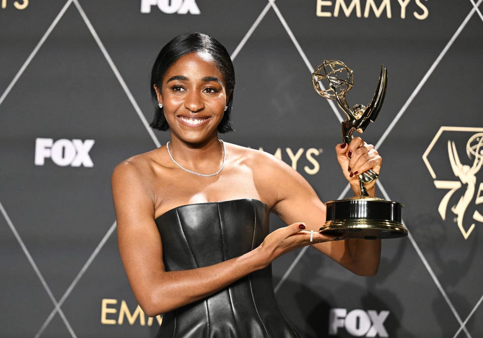 ayo edebiri, winner of the award for outstanding supporting actress in a comedy series for the bear, poses in the press room at the 75th primetime emmy awards held at the peacock theater on january 15, 2024 in los angeles, california photo by gilbert floresvariety via getty images