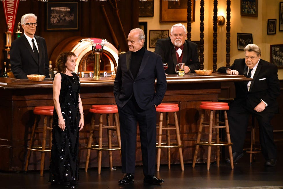 l r actors and cast of cheers ted danson, rhea perlman, kelsey grammer, john ratzenberger, george wendt speak onstage during the 75th emmy awards at the peacock theatre at la live in los angeles on january 15, 2024 photo by valerie macon afp photo by valerie maconafp via getty images