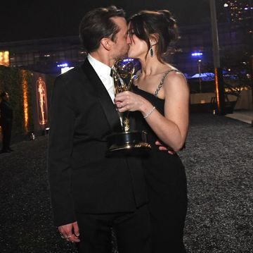 us actor kieran culkin, with his award for outstanding lead actor in a drama series for succession, kisses wife jazz charton as they attend the 75th emmy awards governors gala at the los angeles convention center in los angeles on january 15, 2024 photo by valerie macon afp photo by valerie maconafp via getty images