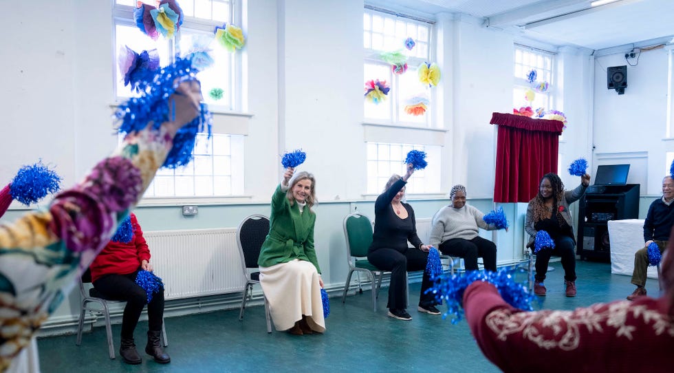london, england january 16 sophie, duchess of edinburgh takes part in seated dancing during a visit to the katherine low settlement on january 16, 2024 in london, england katherine low settlement kls is a charity in battersea which was opened by the late queen mother, as duchess of york, in 1924, and her majesty also returned to the settlement in 1964 to mark its 40th anniversary kls has 100 years of experience in reducing poverty and isolation and bringing the community together photo by mark cuthbertuk press via getty images