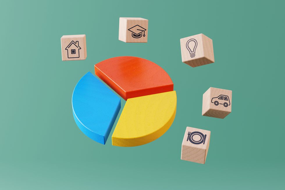floating in air scene with multicolored pie chart surrounded by wooden cubes blocks with life expenses symbols home, education, utlities, car and food green emerald background representing life expenses, cost of living, budgeting and rising prices
