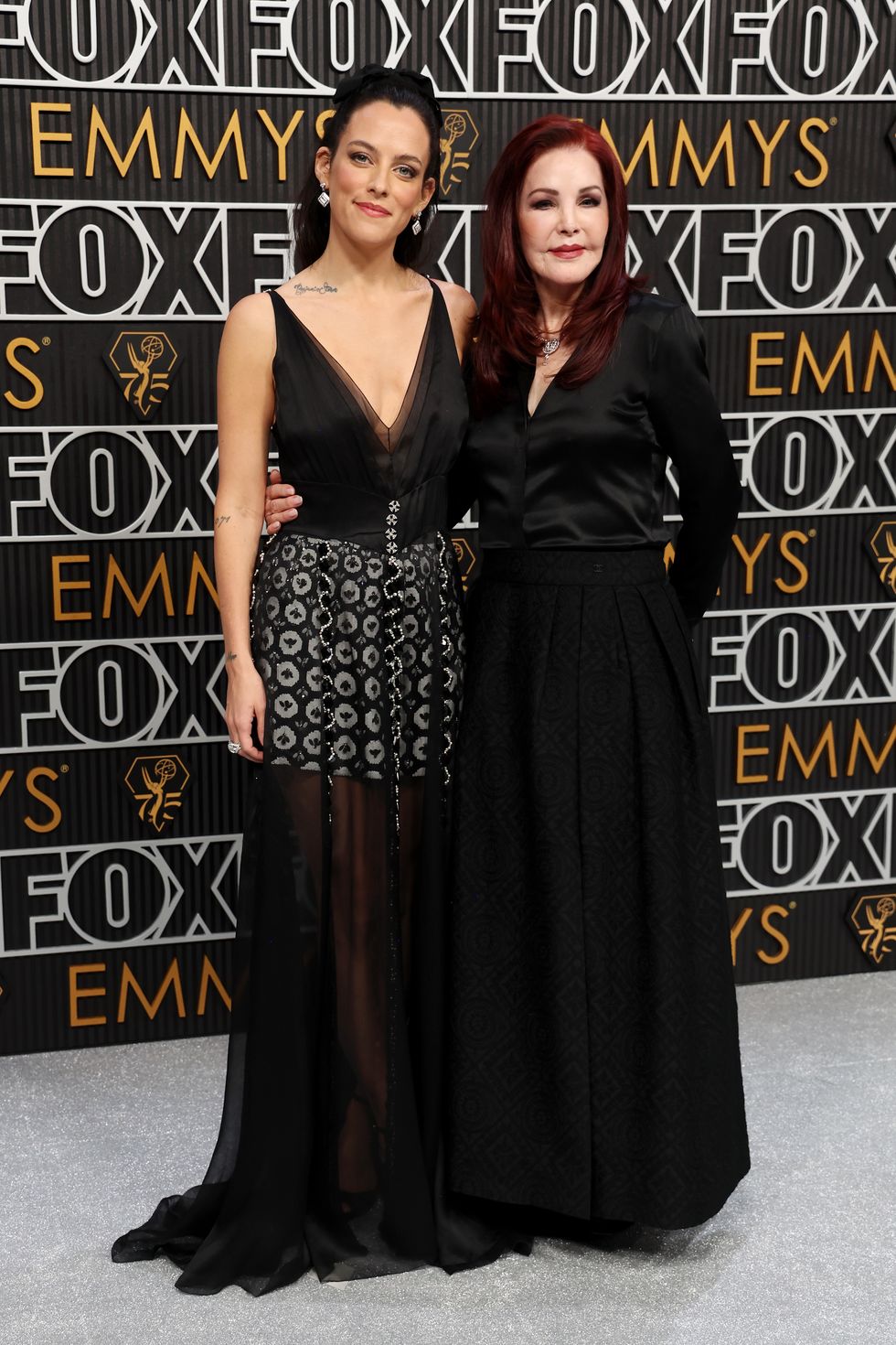 los angeles, california january 15 l r riley keough and priscilla presley attends the 75th primetime emmy awards at peacock theater on january 15, 2024 in los angeles, california photo by kevin mazurgetty images