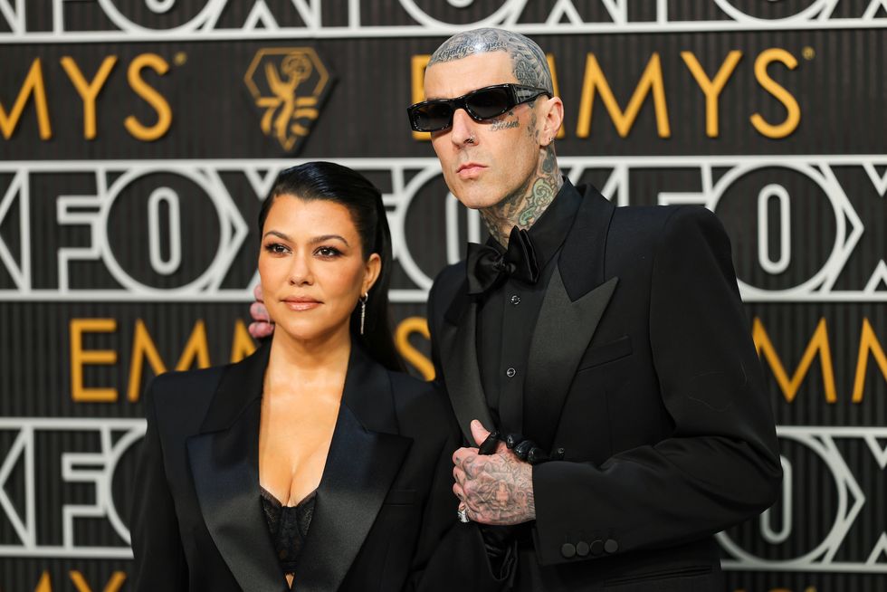 los angeles, california january 15 l r kourtney kardashian and travis barker attend the 75th primetime emmy awards at peacock theater on january 15, 2024 in los angeles, california photo by neilson barnardgetty images