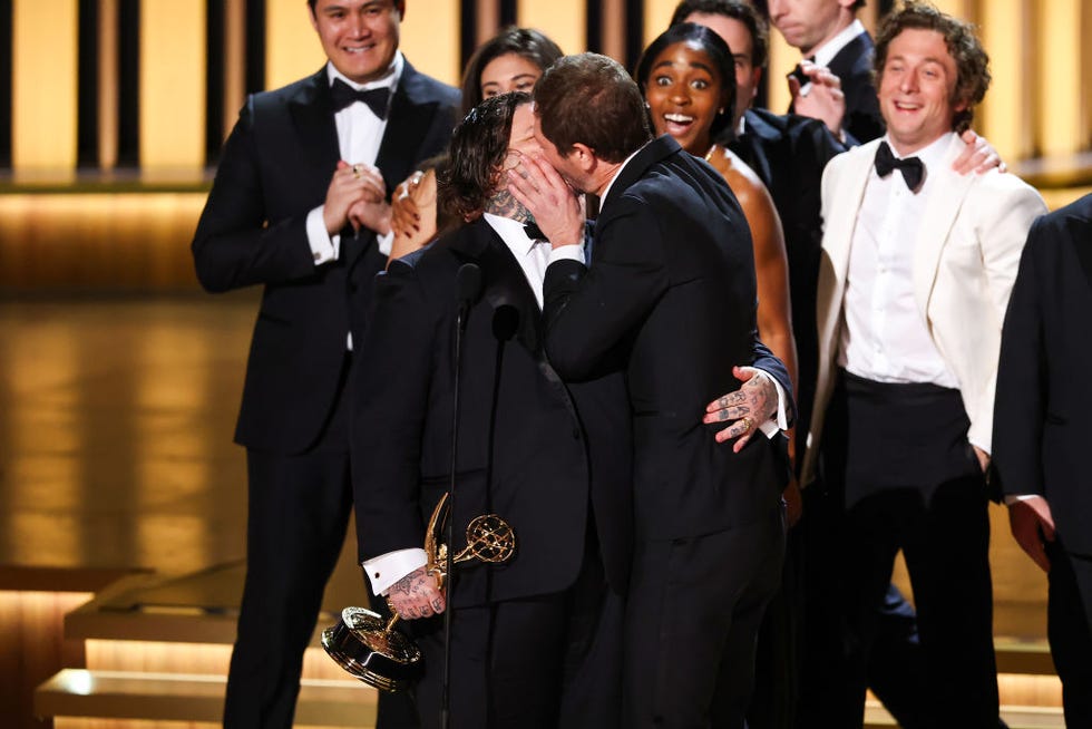 los angeles, california january 15 l r matty matheson and ebon moss bachrach accept the outstanding comedy series award for the bear onstage during the 75th primetime emmy awards at peacock theater on january 15, 2024 in los angeles, california photo by monica schipperwireimage
