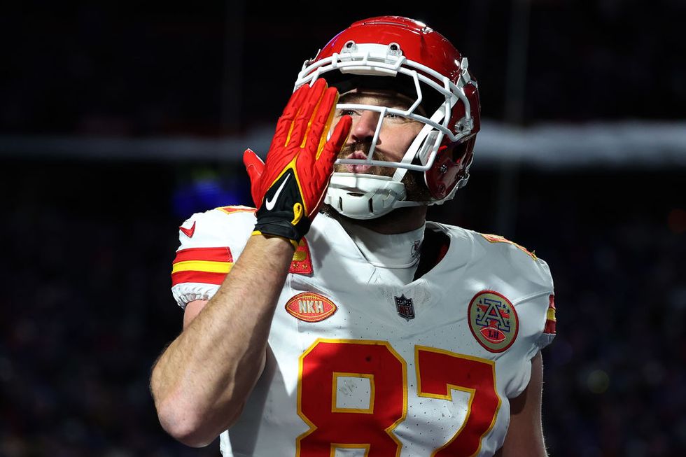 orchard park, new york january 21 travis kelce 87 of the kansas city chiefs celebrates after scoring a 22 yard touchdown against the buffalo bills during the second quarter in the afc divisional playoff game at highmark stadium on january 21, 2024 in orchard park, new york photo by al bellogetty images