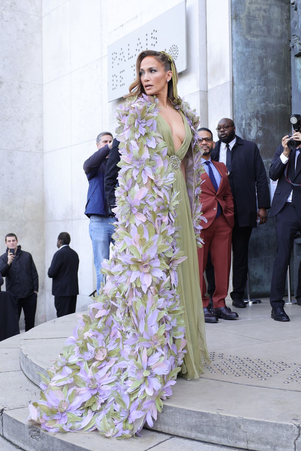 Jennifer Lopez Wears Floral Plunge Dress at Elie Saab Show