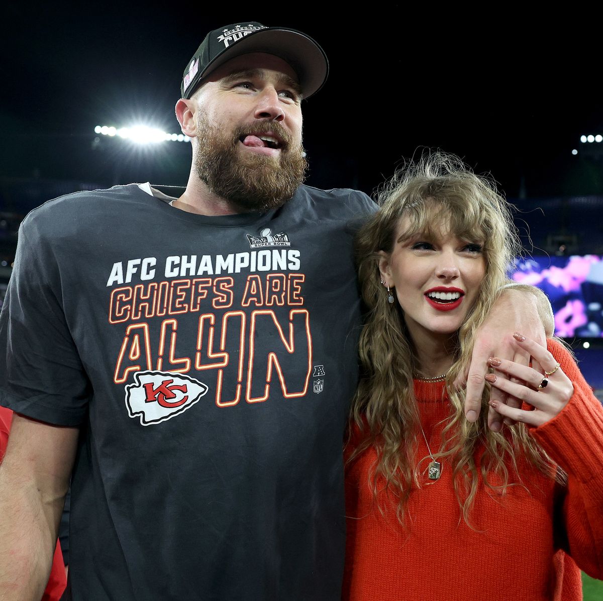 baltimore, maryland january 28 travis kelce 87 of the kansas city chiefs celebrates with taylor swift after a 17 10 victory against the baltimore ravens in the afc championship game at mt bank stadium on january 28, 2024 in baltimore, maryland photo by patrick smithgetty images