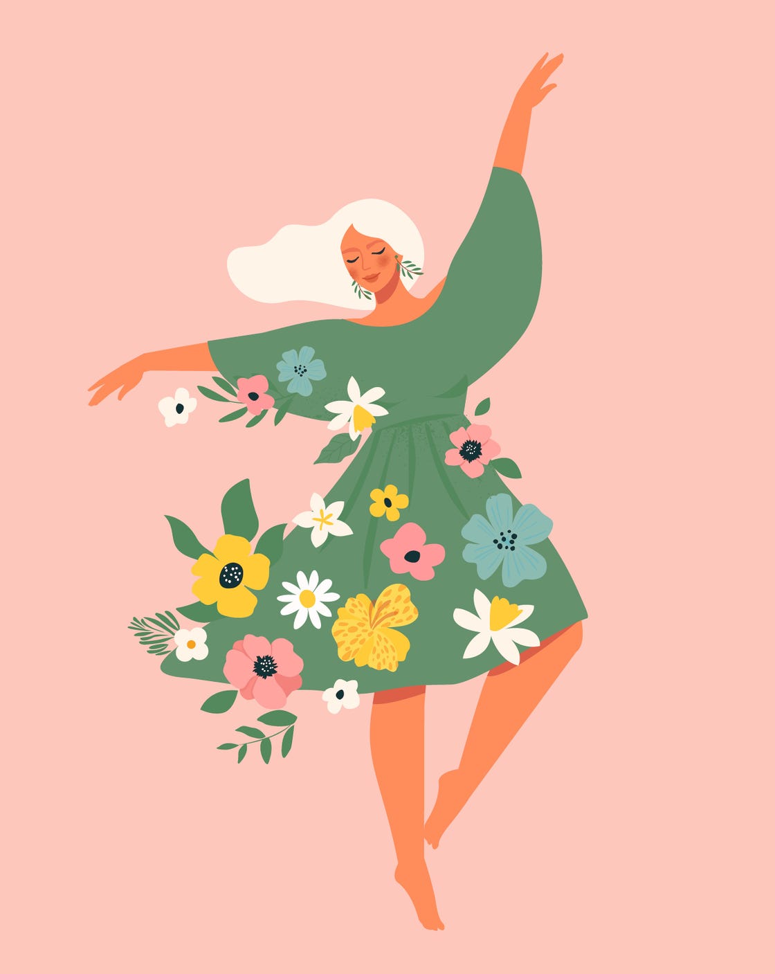 international women s day. vector template with dancing woman and flowers for card, poster, flyer and other