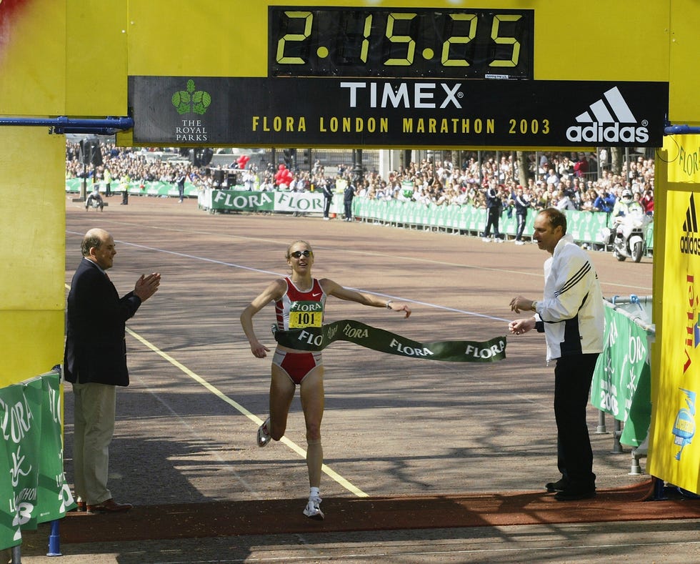 london april 13 paula radcliffe of great britain crosses the line to win the 2003 flora london marathon on april 13, 2003 at the mall in london, england photo by warren littlegetty images