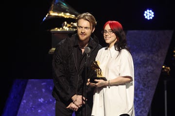 los angeles, california february 04 for editorial use only l r finneas and billie eilish accept the song written for visual media award for what was i made for onstage during the 66th grammy awards at peacock theater on february 04, 2024 in los angeles, california photo by amy sussmangetty images