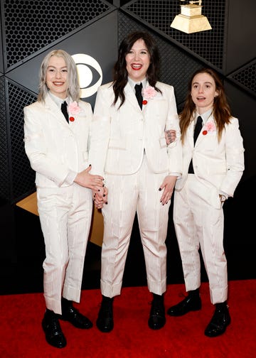 los angeles, california february 04 for editorial use only l r phoebe bridgers, lucy dacus, and julien baker of boygenius attend the 66th grammy awards at cryptocom arena on february 04, 2024 in los angeles, california photo by frazer harrisongetty images