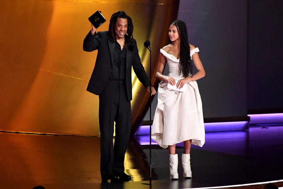 los angeles, california february 04 for editorial use only jay z and blue ivy carter accept the dr dre global impact award award onstage during the 66th grammy awards at cryptocom arena on february 04, 2024 in los angeles, california photo by jc oliverawireimage