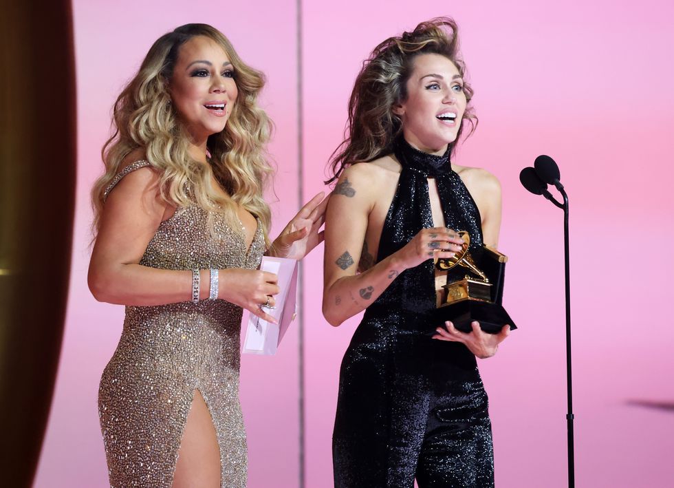 los angeles, california february 04 miley cyrus accepts the best pop solo performance award for flowers from mariah carey onstage during the 66th grammy awards at cryptocom arena on february 04, 2024 in los angeles, california photo by kevin mazurgetty images for the recording academy