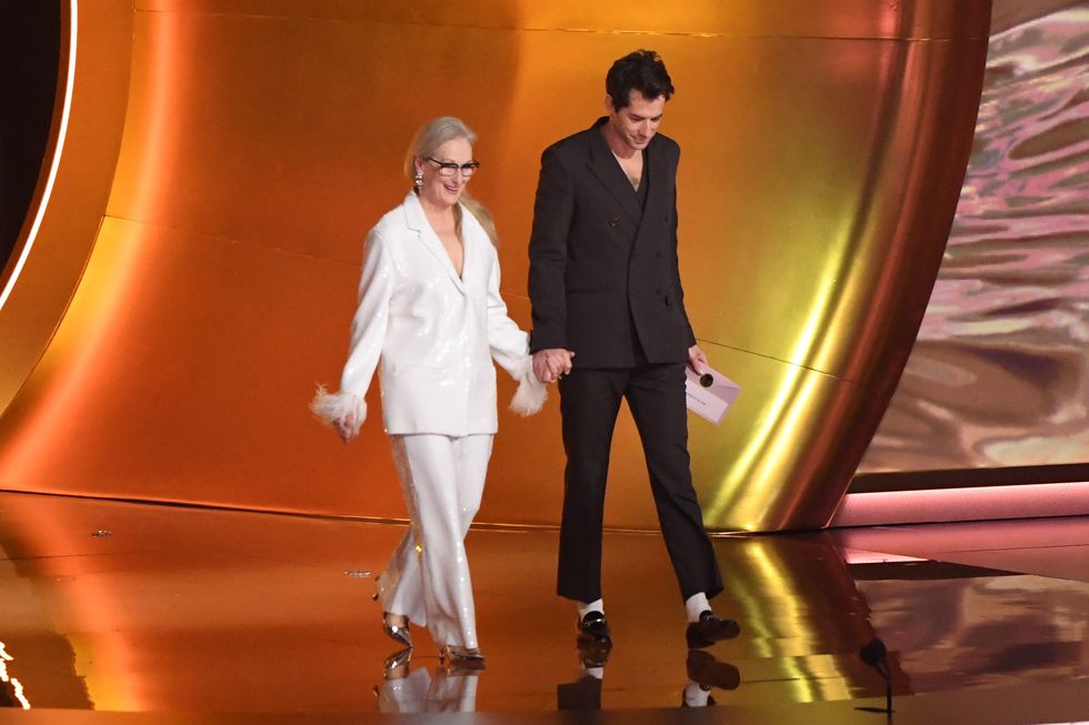 los angeles, california february 04 for editorial use only l r meryl streep and mark ronson speak onstage during the 66th grammy awards at cryptocom arena on february 04, 2024 in los angeles, california photo by jc oliverawireimage
