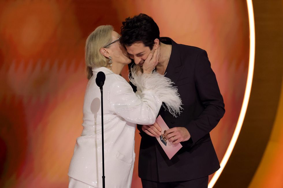 los angeles, california february 04 l r meryl streep and mark ronson speak onstage during the 66th grammy awards at cryptocom arena on february 04, 2024 in los angeles, california photo by kevin wintergetty images for the recording academy