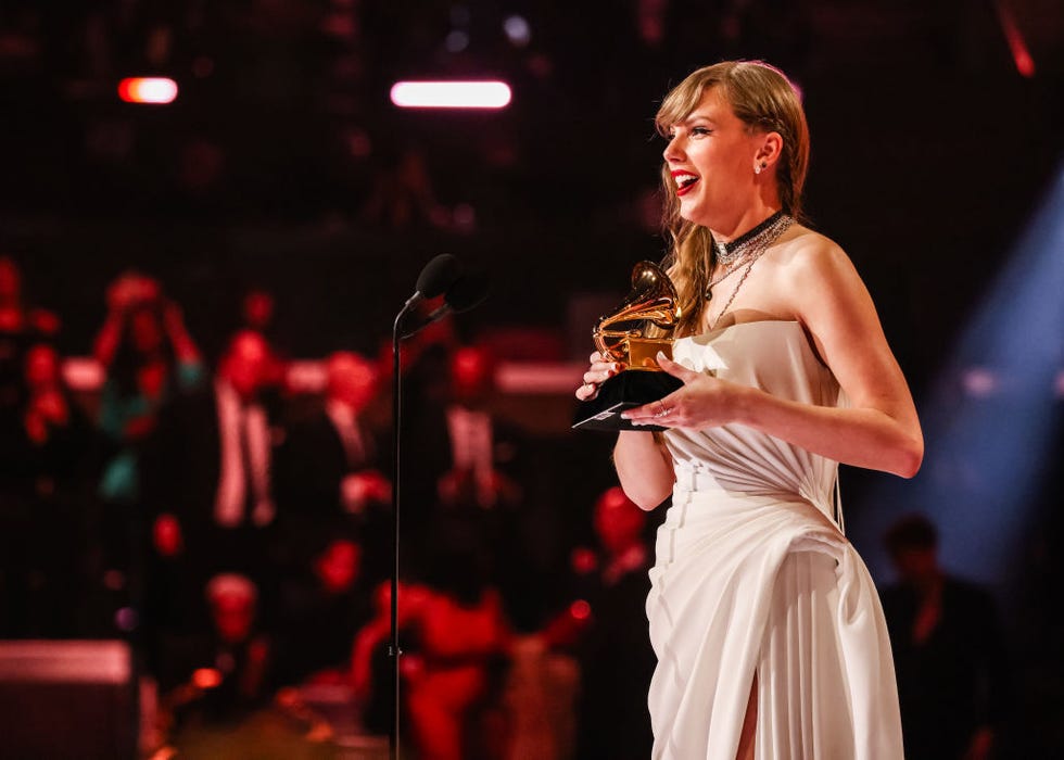 los angeles, california february 04 taylor swift accepts the album of the year award for midnights during the 66th grammy awards on february 04, 2024 in los angeles, california photo by john shearergetty images for the recording academy