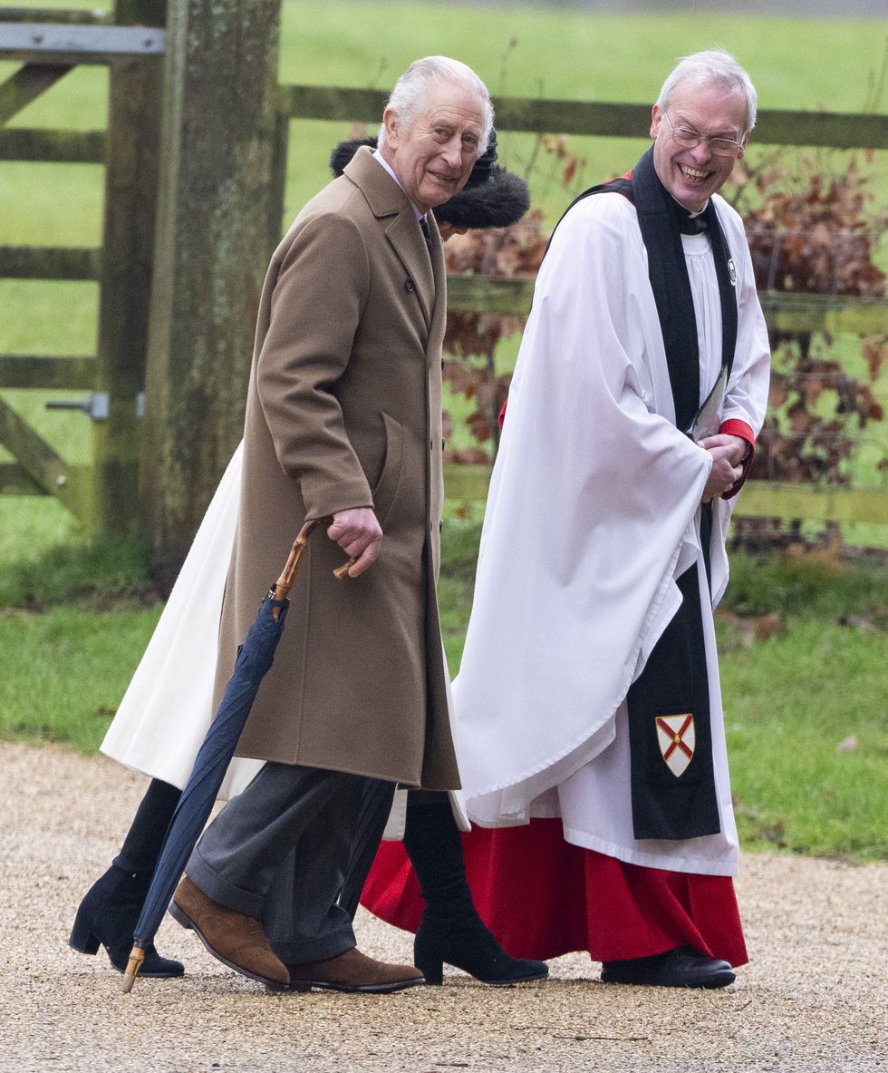sandringham, norfolk february 11 king charles iii and queen camilla with the reverend canon dr paul williams attend the sunday service at the church of st mary magdalene on the sandringham estate on february 11, 2024 in sandringham, norfolk photo by mark cuthbertuk press via getty images