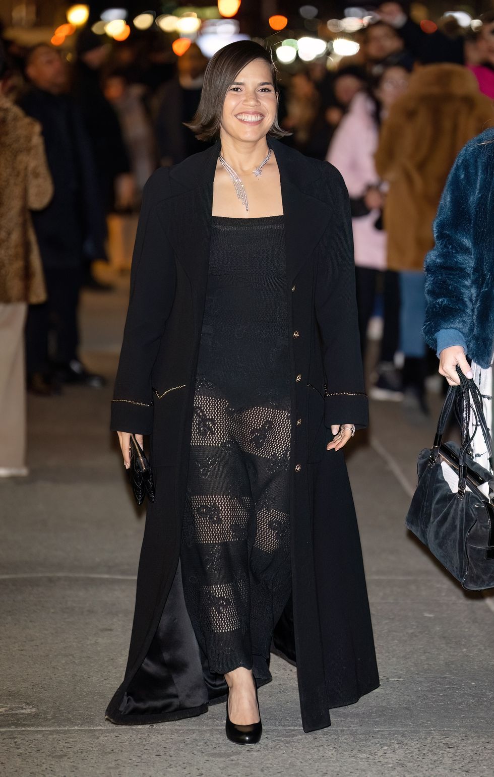 new york, new york february 07 actress america ferrera is seen arriving to the chanel dinner to celebrate the watches fine jewelry fifth avenue flagship boutique opening on february 07, 2024 in new york city photo by gilbert carrasquillogc images