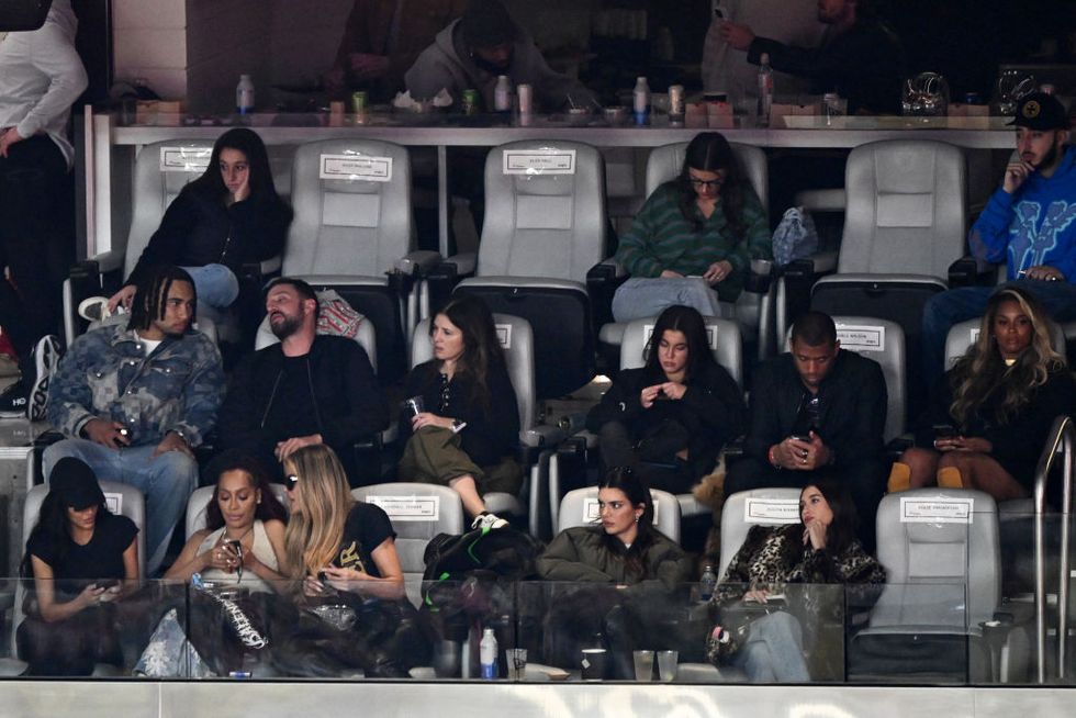 denver broncos quarterback russell wilson and his wife us singer ciara middle row, r, us model hailey bieber, bottom r, us model kendall jenner bottom, 2nd r, us actress la la anthony bottom 2nd l and us media personality khloe kardashian attend super bowl lviii between the kansas city chiefs and the san francisco 49ers at allegiant stadium in las vegas, nevada, february 11, 2024 photo by patrick t fallon afp photo by patrick t fallonafp via getty images