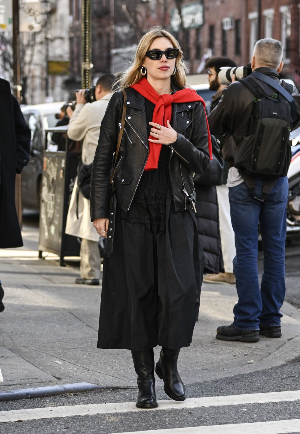 new york, new york february 09 aemilia fay is seen wearing a black leather jacket, black top, black pants and black sunglasses outside the helmut lang show during nyfw fw 2024 on february 09, 2024 in new york city photo by daniel zuchnikgetty images