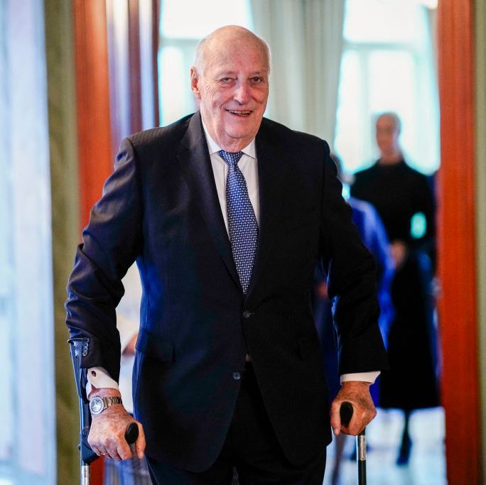 king harald v of norway walks on crutches on his way to lunch with members the norwegian government, on february 24, 2024 in oslo, norway photo by cornelius poppe  ntb  afp  norway out photo by cornelius poppentbafp via getty images