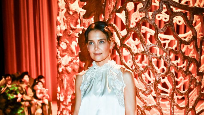 Katie Holmes Looks Lovely in a White Satin Set Adorned With Lace